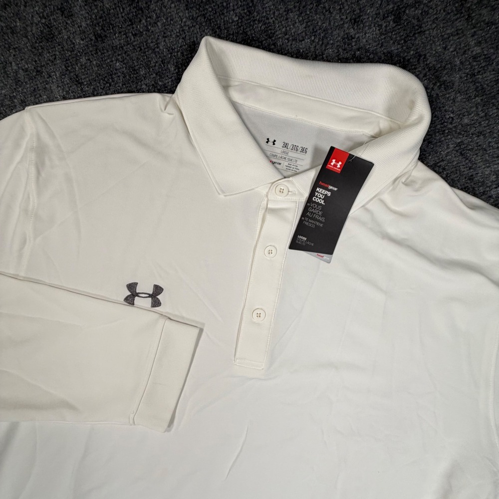 Under Armour Mens HeatGear Long Sleeve Polo White 3XL Loose Fit 1261962 0791